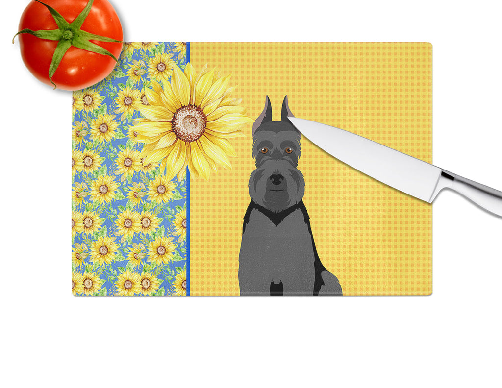 Summer Sunflowers Black Schnauzer Cutting Board Tempered Glass Kitchen Cutting Surface, Heat Resistant Chopping, Non-Slip Feet, Food Prep & Serving