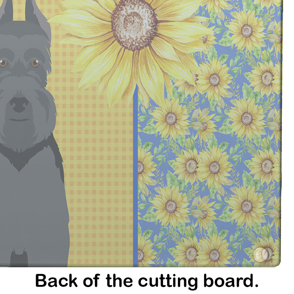 Summer Sunflowers Black Schnauzer Cutting Board Tempered Glass Kitchen Cutting Surface, Heat Resistant Chopping, Non-Slip Feet, Food Prep & Serving