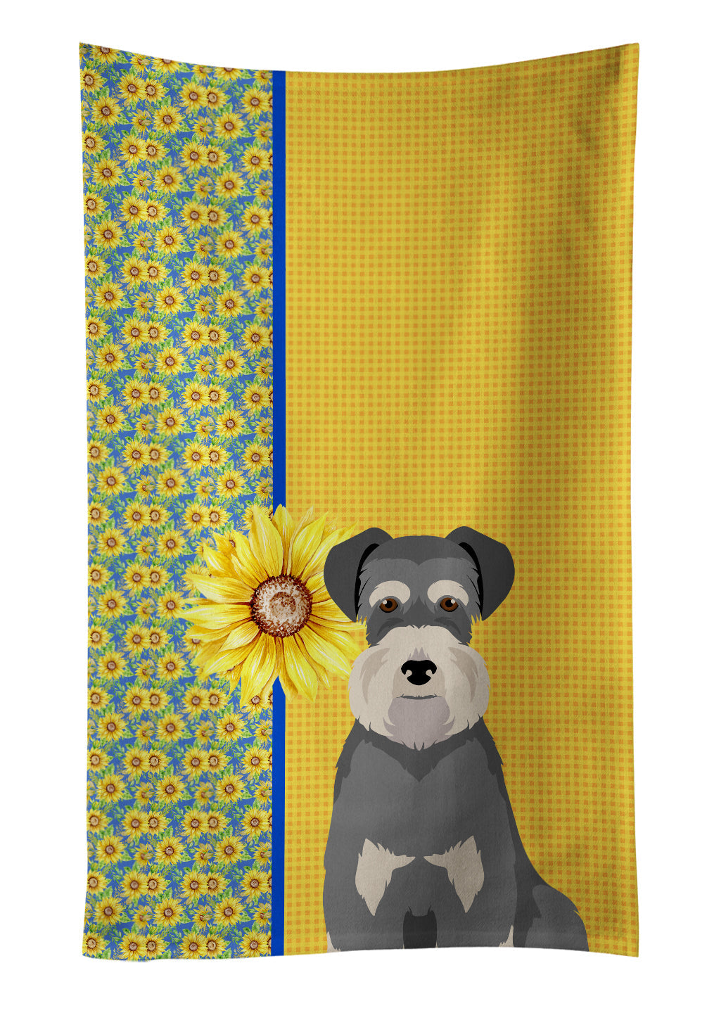 Summer Sunflowers Salt Pepper Natural Ears Schnauzer Kitchen Towel Velour Plush Front and Cotton Loop Back Machine Washable