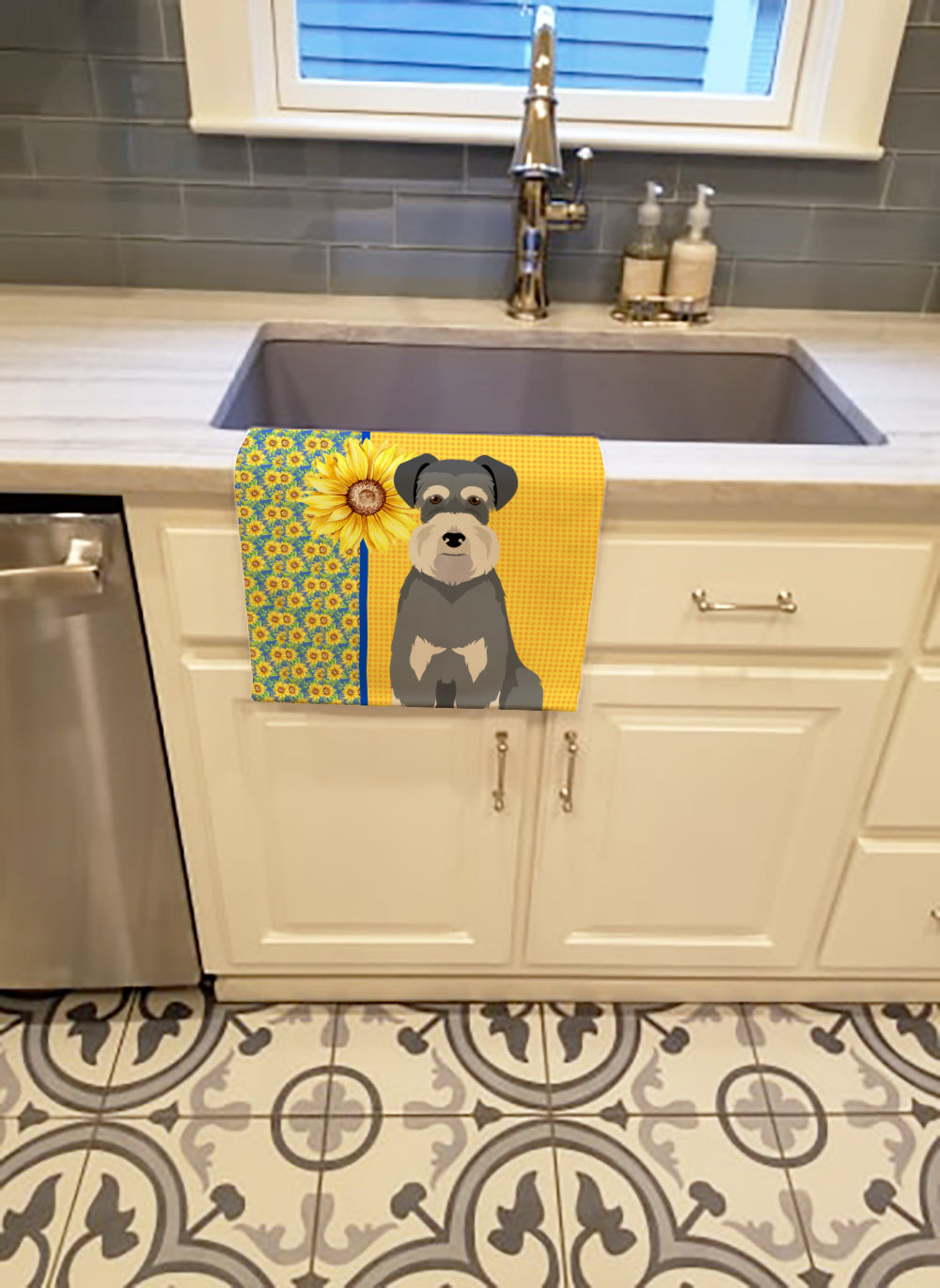 Summer Sunflowers Salt Pepper Natural Ears Schnauzer Kitchen Towel Velour Plush Front and Cotton Loop Back Machine Washable