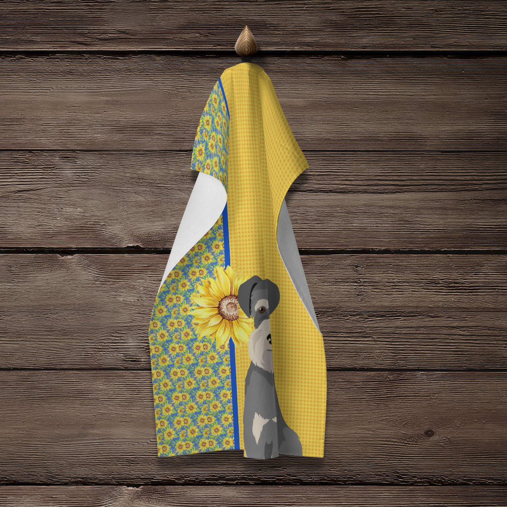 Summer Sunflowers Salt Pepper Natural Ears Schnauzer Kitchen Towel Velour Plush Front and Cotton Loop Back Machine Washable