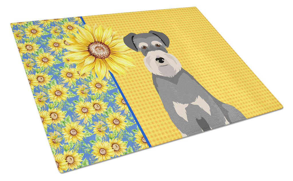 Summer Sunflowers Salt Pepper Natural Ears Schnauzer Cutting Board Tempered Glass Kitchen Cutting Surface, Heat Resistant Chopping, Non-Slip Feet, Food Prep & Serving
