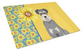 Summer Sunflowers Salt Pepper Natural Ears Schnauzer Cutting Board Tempered Glass Kitchen Cutting Surface, Heat Resistant Chopping, Non-Slip Feet, Food Prep & Serving