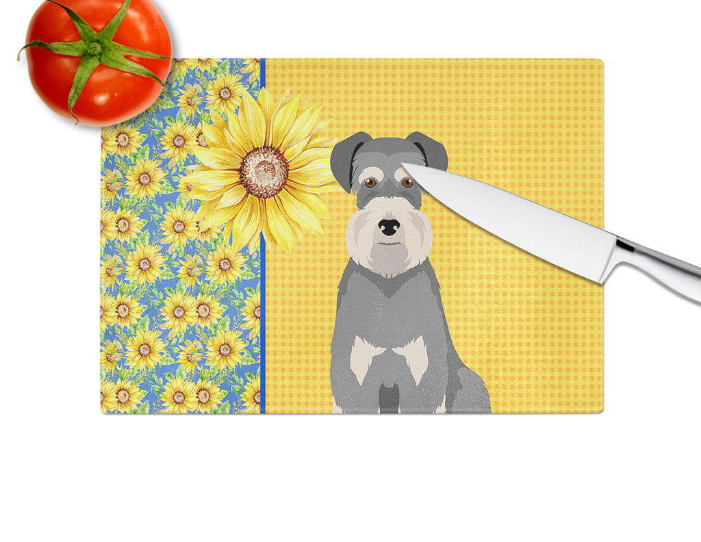 Summer Sunflowers Salt Pepper Natural Ears Schnauzer Cutting Board Tempered Glass Kitchen Cutting Surface, Heat Resistant Chopping, Non-Slip Feet, Food Prep & Serving
