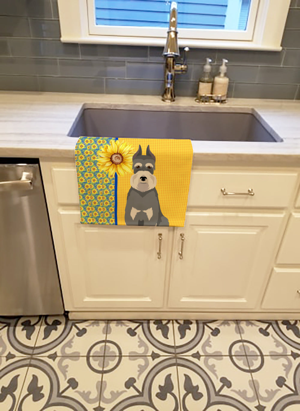 Summer Sunflowers Salt Pepper Schnauzer Kitchen Towel Velour Plush Front and Cotton Loop Back Machine Washable