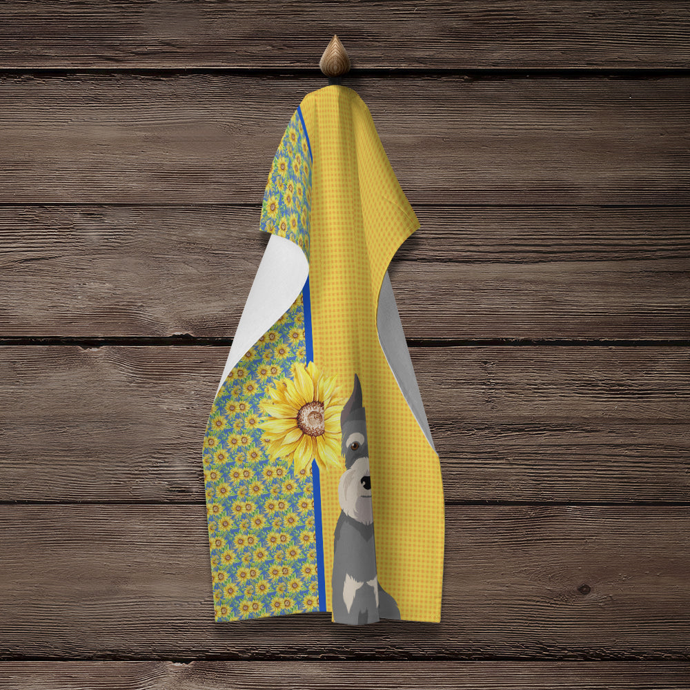 Summer Sunflowers Salt Pepper Schnauzer Kitchen Towel Velour Plush Front and Cotton Loop Back Machine Washable