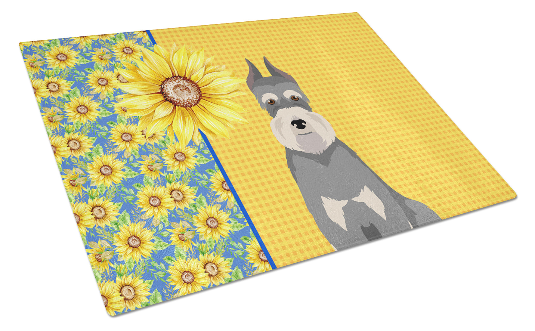 Summer Sunflowers Salt Pepper Schnauzer Cutting Board Tempered Glass Kitchen Cutting Surface, Heat Resistant Chopping, Non-Slip Feet, Food Prep & Serving