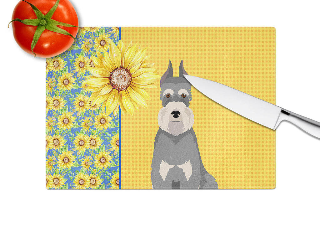 Summer Sunflowers Salt Pepper Schnauzer Cutting Board Tempered Glass Kitchen Cutting Surface, Heat Resistant Chopping, Non-Slip Feet, Food Prep & Serving