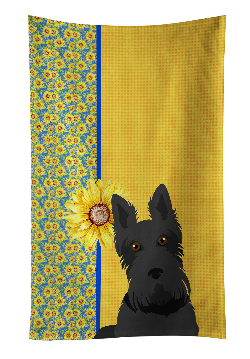 Summer Sunflowers Black Scottish Terrier Kitchen Towel Velour Plush Front and Cotton Loop Back Machine Washable