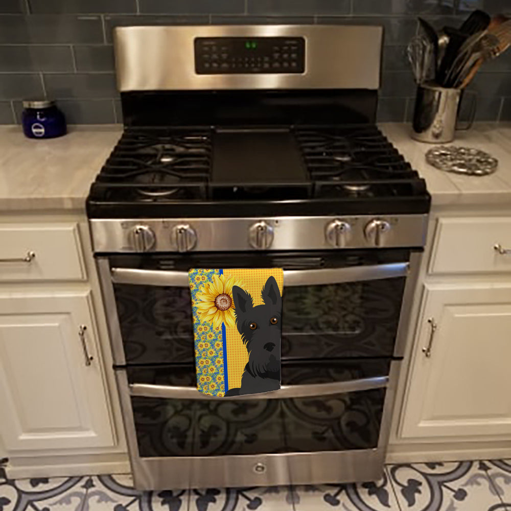 Summer Sunflowers Black Scottish Terrier Kitchen Towel Velour Plush Front and Cotton Loop Back Machine Washable