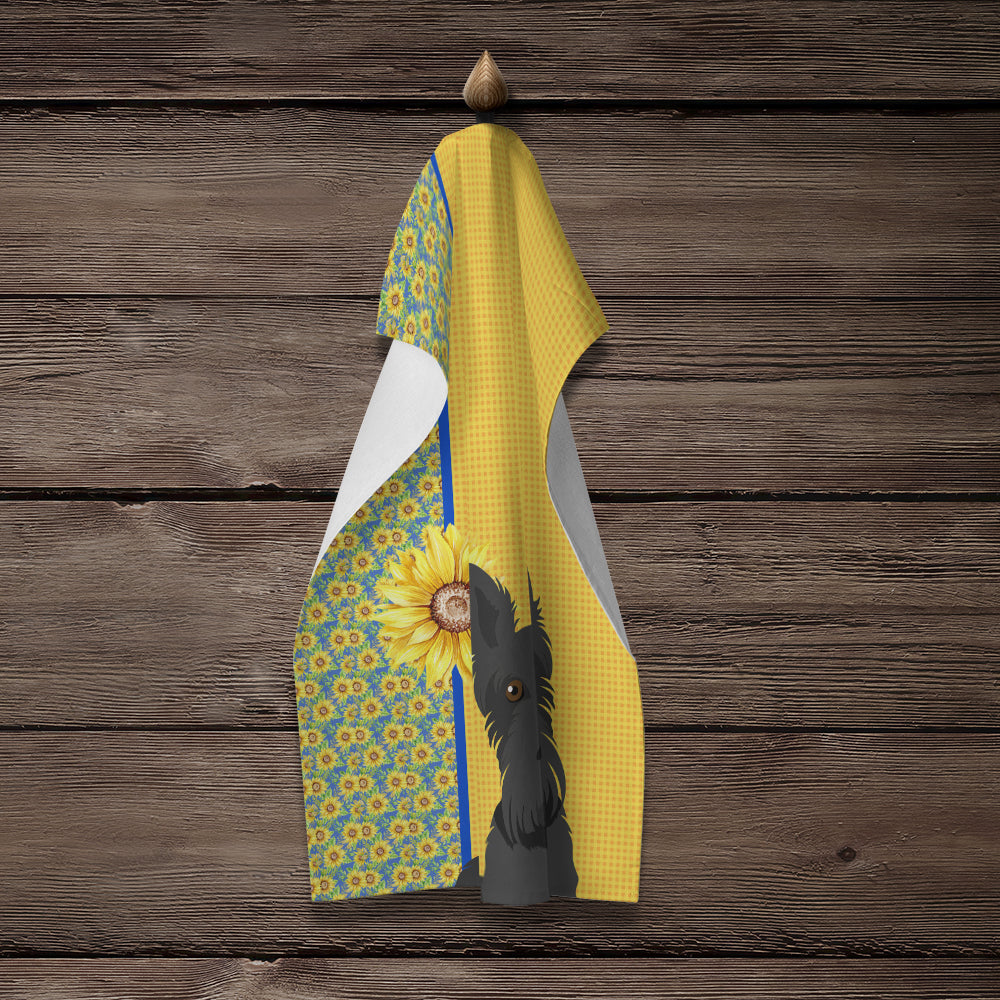 Summer Sunflowers Black Scottish Terrier Kitchen Towel Velour Plush Front and Cotton Loop Back Machine Washable