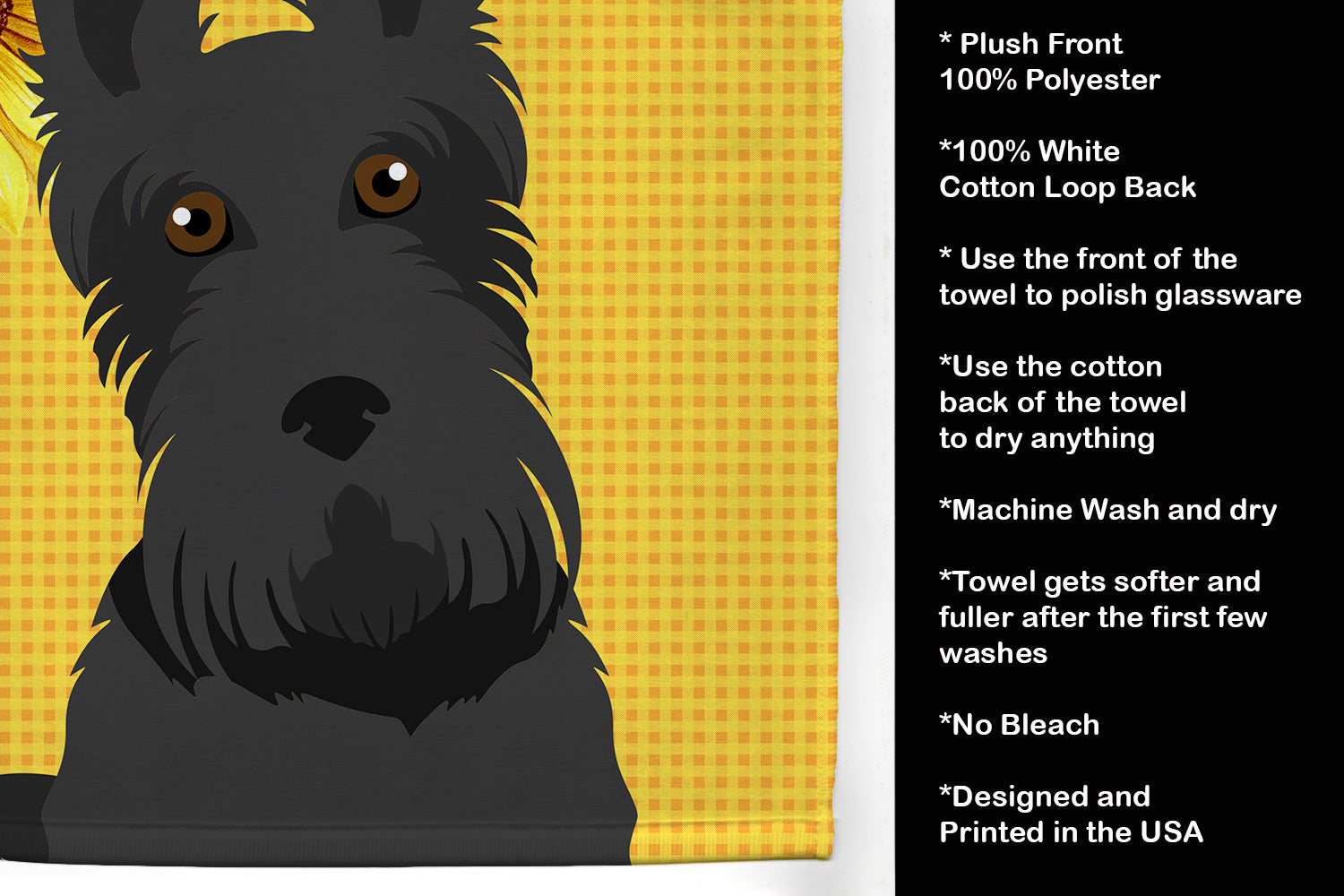 Summer Sunflowers Black Scottish Terrier Kitchen Towel Velour Plush Front and Cotton Loop Back Machine Washable