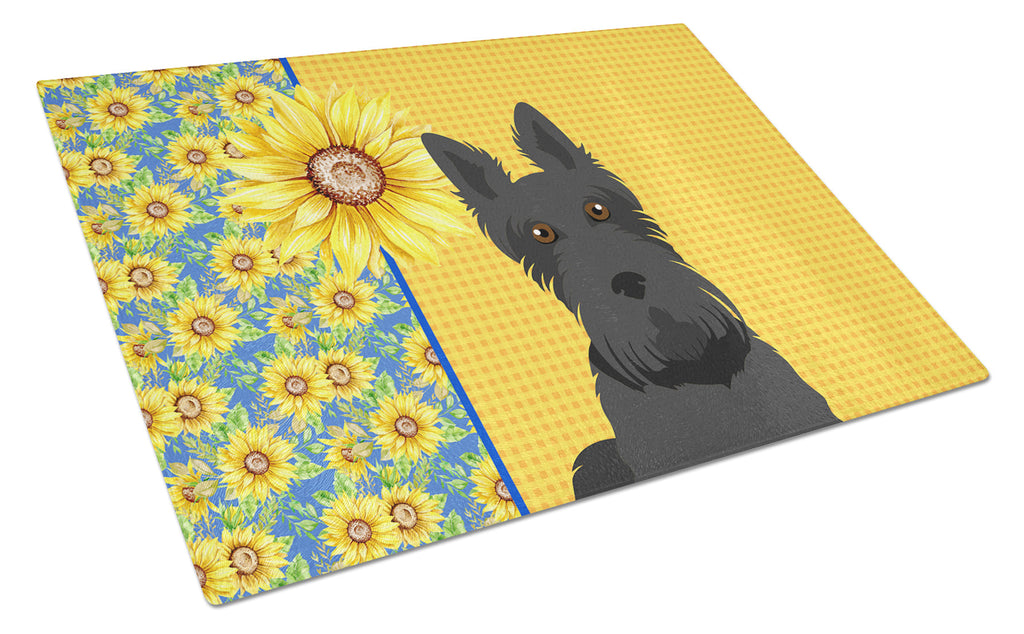 Summer Sunflowers Black Scottish Terrier Cutting Board Tempered Glass Kitchen Cutting Surface, Heat Resistant Chopping, Non-Slip Feet, Food Prep & Serving