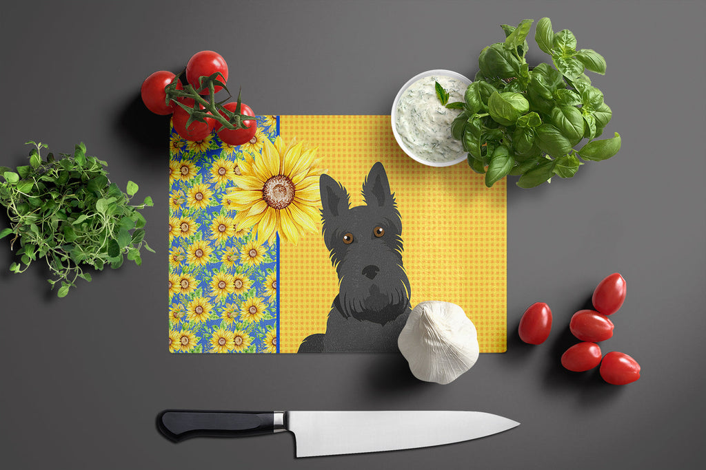 Summer Sunflowers Black Scottish Terrier Cutting Board Tempered Glass Kitchen Cutting Surface, Heat Resistant Chopping, Non-Slip Feet, Food Prep & Serving