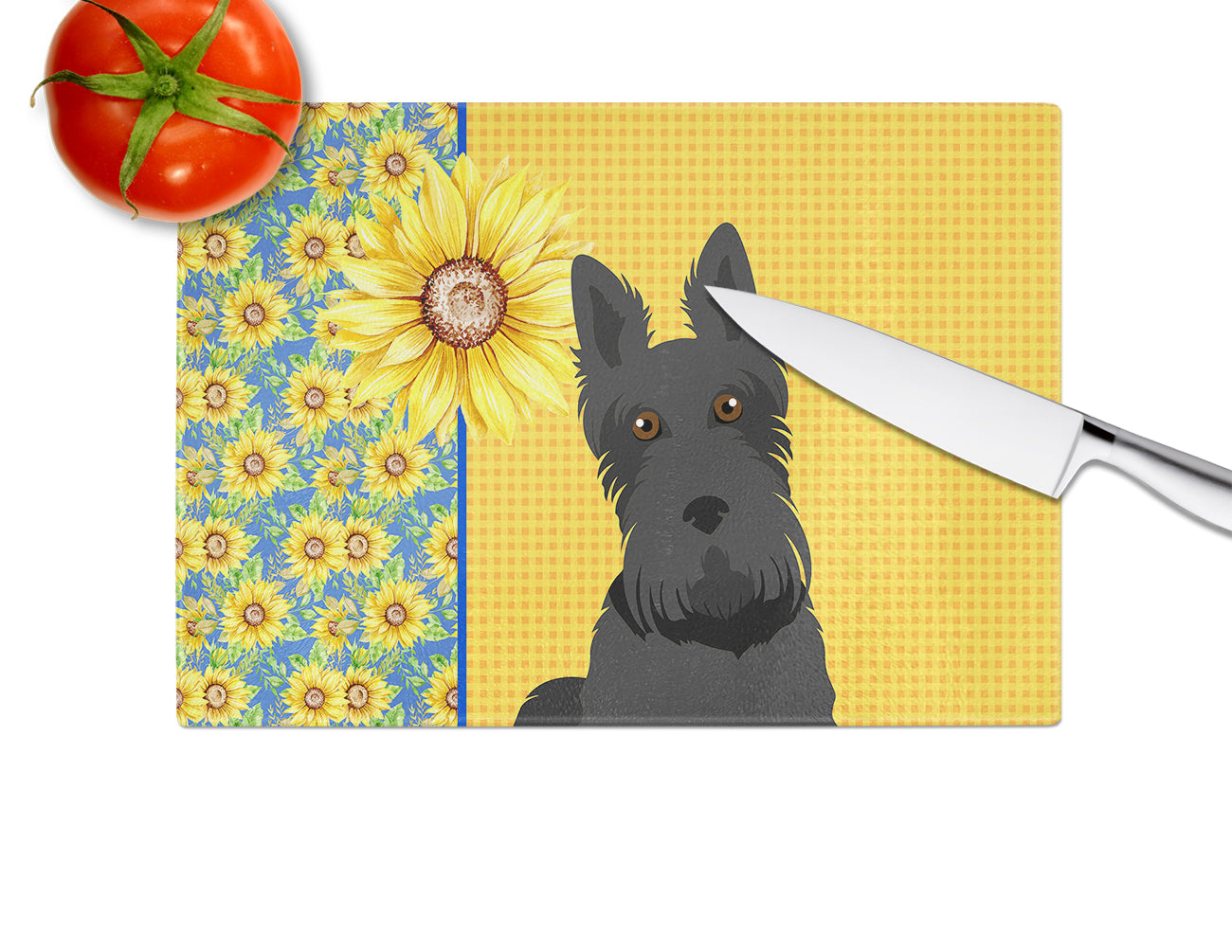 Summer Sunflowers Black Scottish Terrier Cutting Board Tempered Glass Kitchen Cutting Surface, Heat Resistant Chopping, Non-Slip Feet, Food Prep & Serving