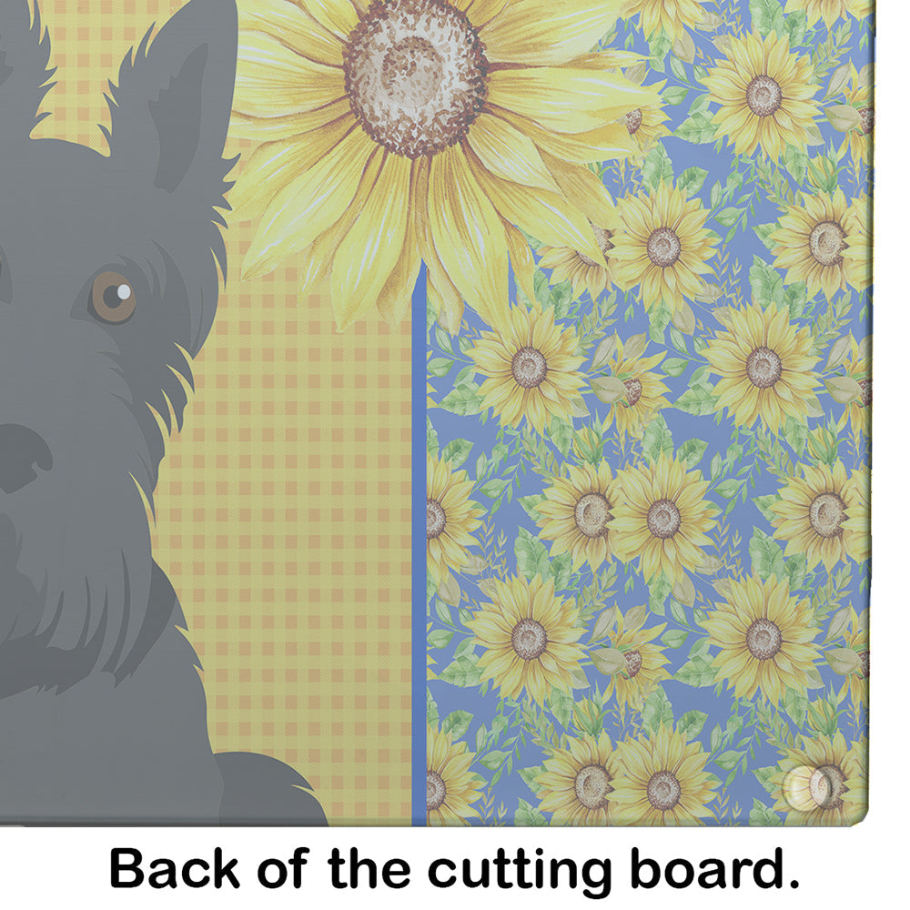 Summer Sunflowers Black Scottish Terrier Cutting Board Tempered Glass Kitchen Cutting Surface, Heat Resistant Chopping, Non-Slip Feet, Food Prep & Serving