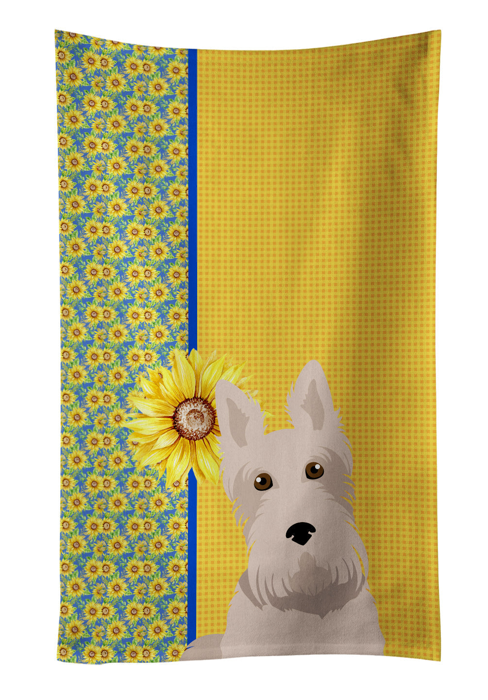 Summer Sunflowers Wheaten Scottish Terrier Kitchen Towel Velour Plush Front and Cotton Loop Back Machine Washable