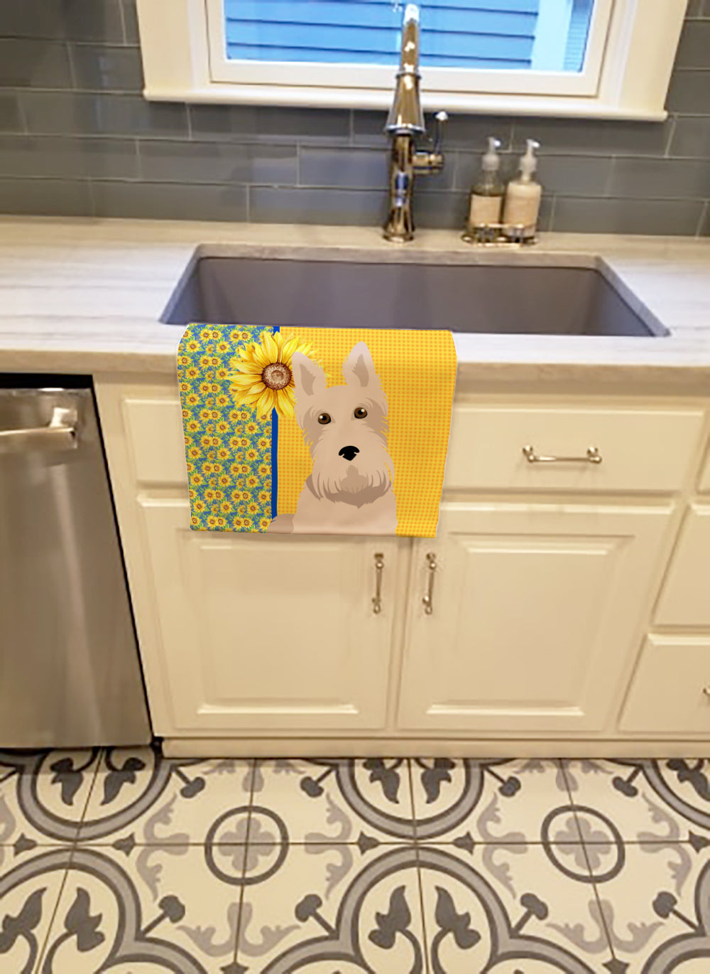 Summer Sunflowers Wheaten Scottish Terrier Kitchen Towel Velour Plush Front and Cotton Loop Back Machine Washable