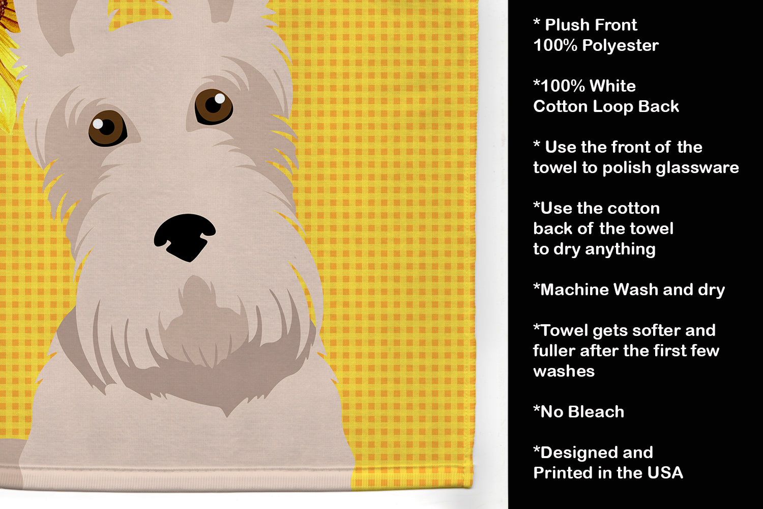 Summer Sunflowers Wheaten Scottish Terrier Kitchen Towel Velour Plush Front and Cotton Loop Back Machine Washable