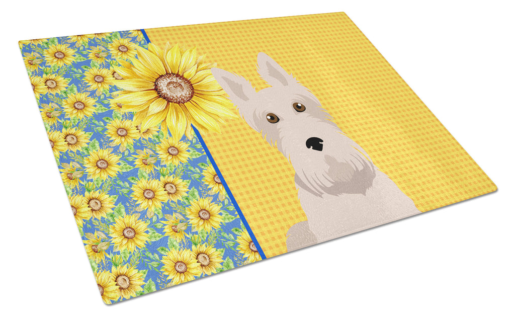 Summer Sunflowers Wheaten Scottish Terrier Cutting Board Tempered Glass Kitchen Cutting Surface, Heat Resistant Chopping, Non-Slip Feet, Food Prep & Serving