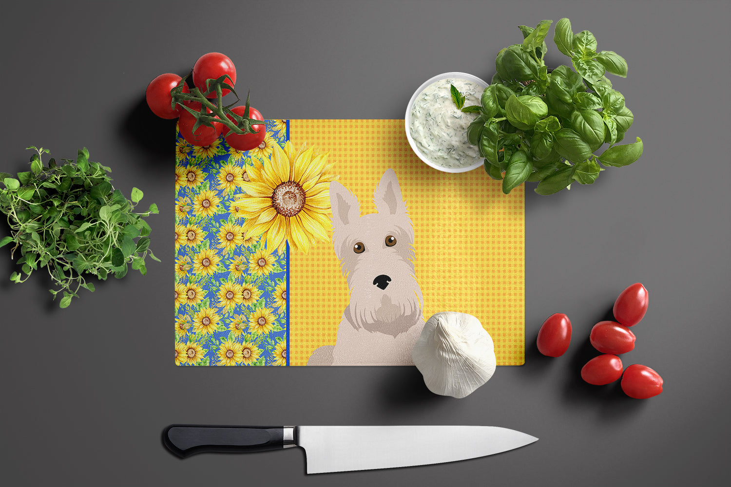 Summer Sunflowers Wheaten Scottish Terrier Cutting Board Tempered Glass Kitchen Cutting Surface, Heat Resistant Chopping, Non-Slip Feet, Food Prep & Serving