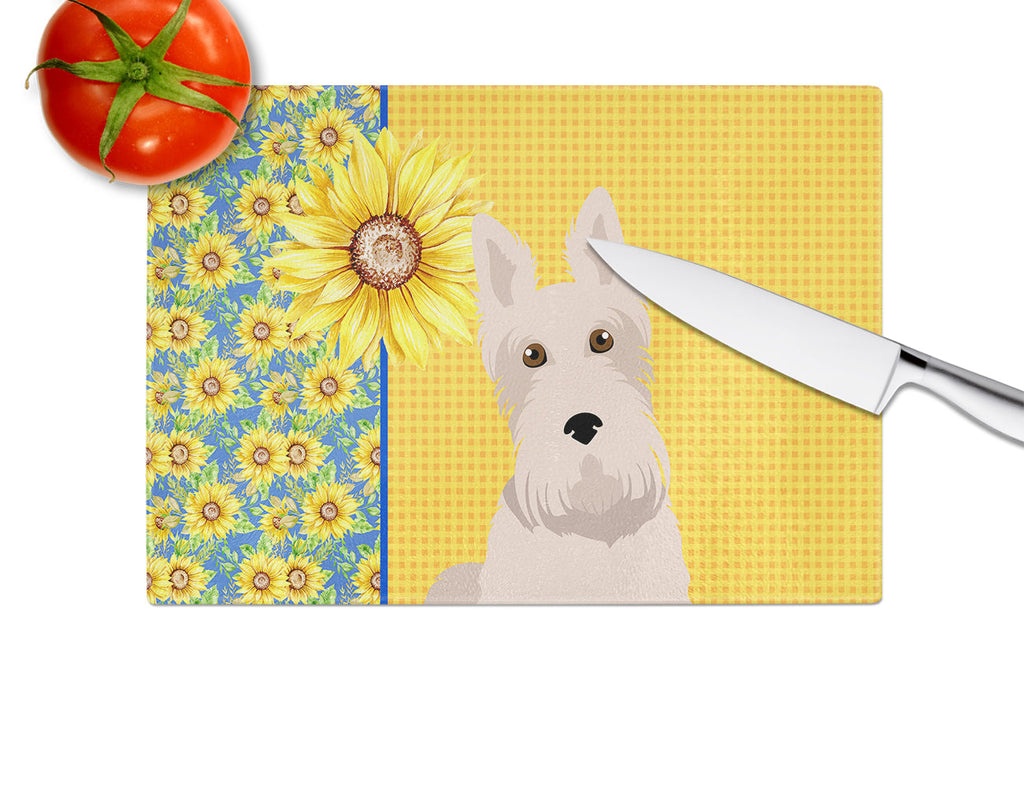 Summer Sunflowers Wheaten Scottish Terrier Cutting Board Tempered Glass Kitchen Cutting Surface, Heat Resistant Chopping, Non-Slip Feet, Food Prep & Serving