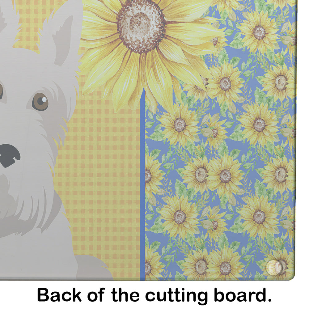 Summer Sunflowers Wheaten Scottish Terrier Cutting Board Tempered Glass Kitchen Cutting Surface, Heat Resistant Chopping, Non-Slip Feet, Food Prep & Serving