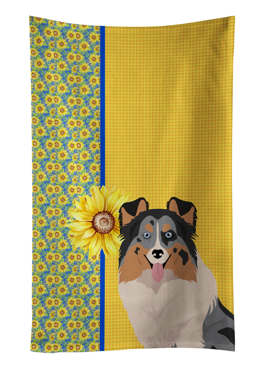 Summer Sunflowers Blue Merle Sheltie Kitchen Towel Velour Plush Front and Cotton Loop Back Machine Washable