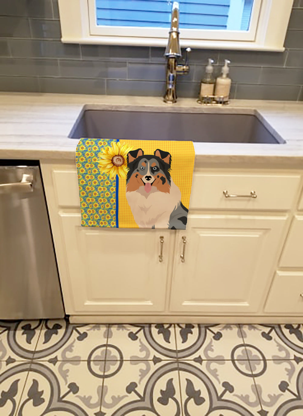 Summer Sunflowers Blue Merle Sheltie Kitchen Towel Velour Plush Front and Cotton Loop Back Machine Washable