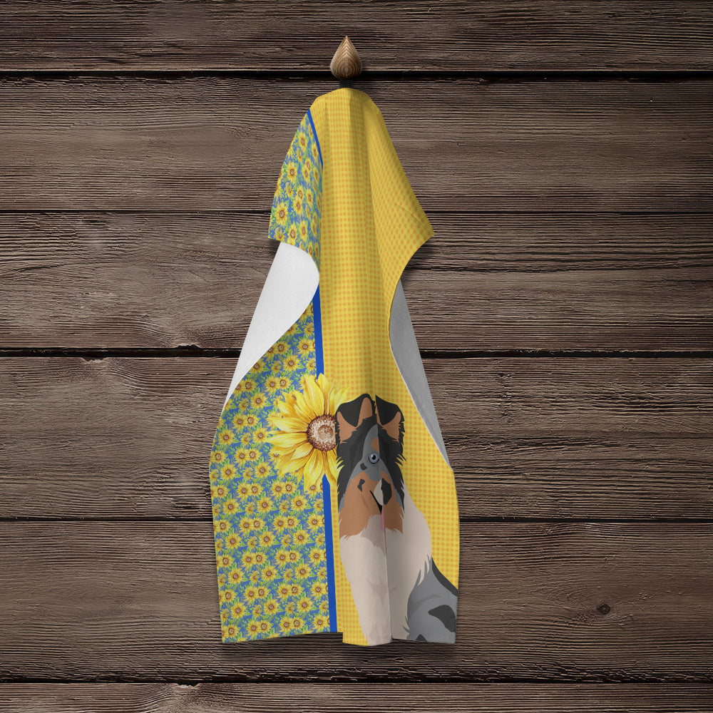 Summer Sunflowers Blue Merle Sheltie Kitchen Towel Velour Plush Front and Cotton Loop Back Machine Washable