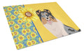 Summer Sunflowers Blue Merle Sheltie Cutting Board Tempered Glass Kitchen Cutting Surface, Heat Resistant Chopping, Non-Slip Feet, Food Prep & Serving
