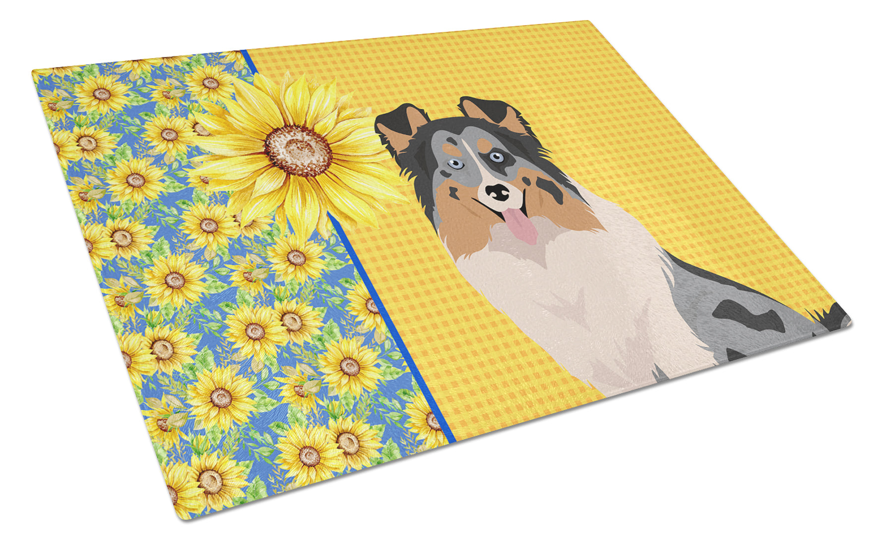 Summer Sunflowers Blue Merle Sheltie Cutting Board Tempered Glass Kitchen Cutting Surface, Heat Resistant Chopping, Non-Slip Feet, Food Prep & Serving