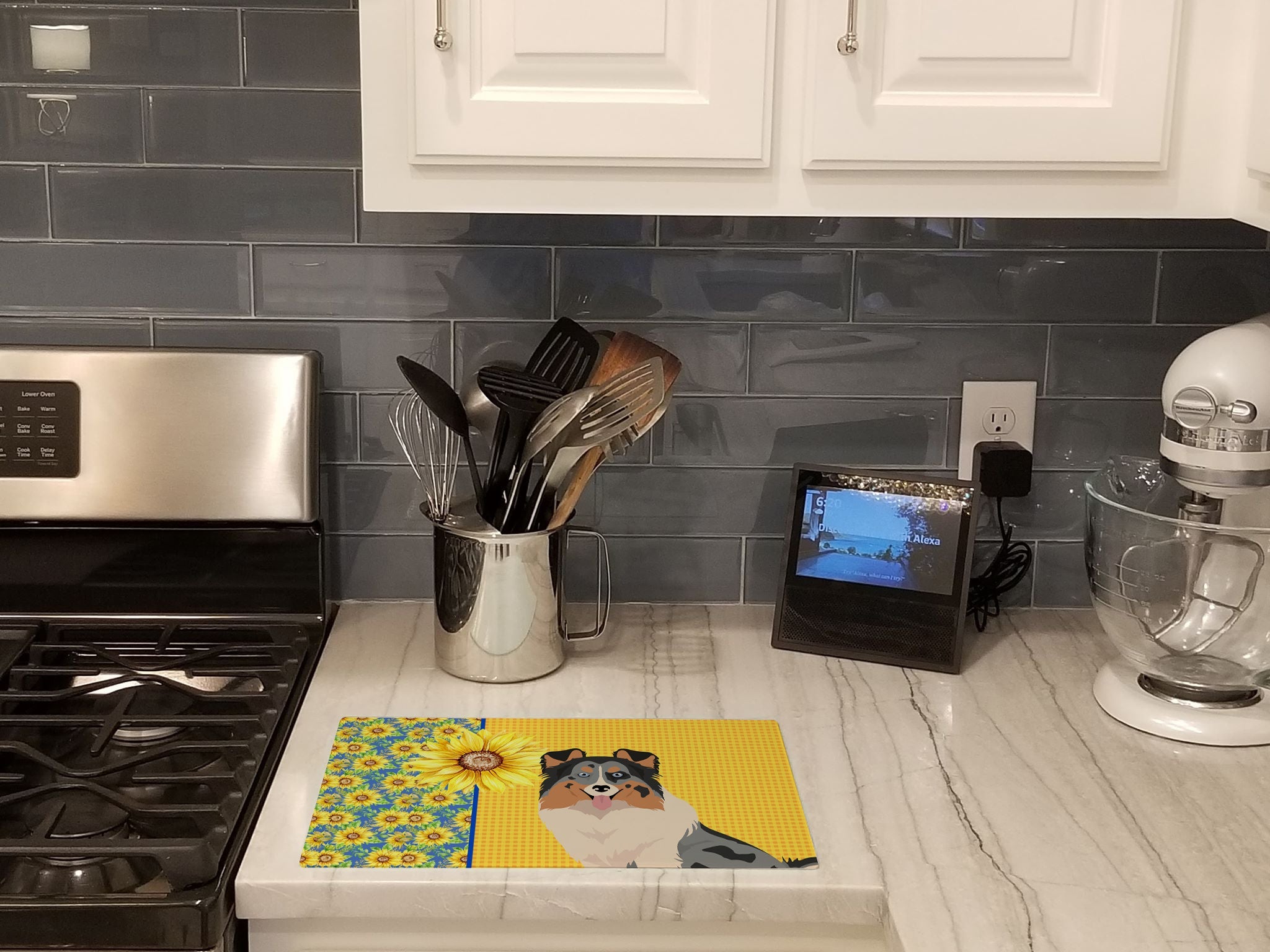 Summer Sunflowers Blue Merle Sheltie Cutting Board Tempered Glass Kitchen Cutting Surface, Heat Resistant Chopping, Non-Slip Feet, Food Prep & Serving