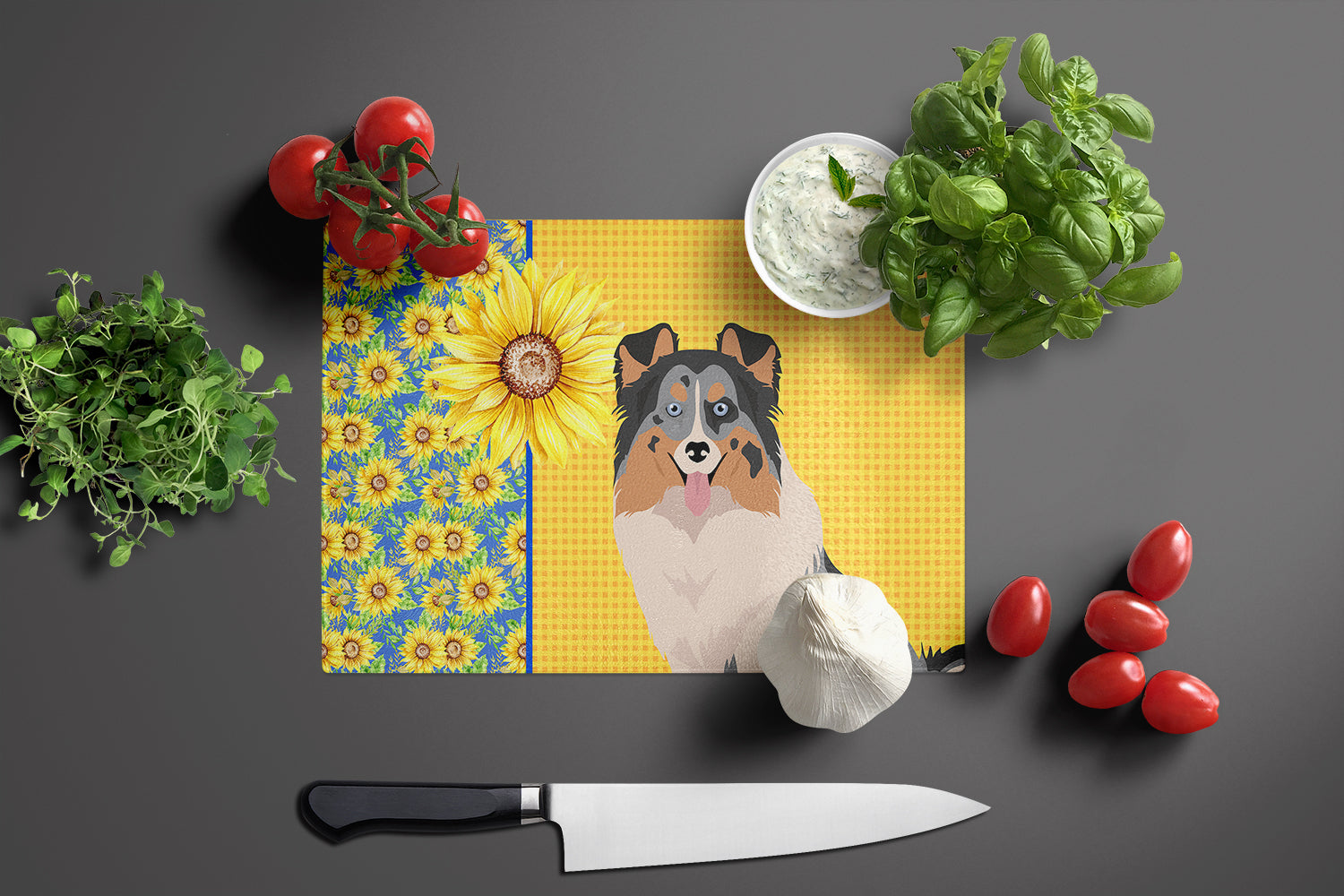Summer Sunflowers Blue Merle Sheltie Cutting Board Tempered Glass Kitchen Cutting Surface, Heat Resistant Chopping, Non-Slip Feet, Food Prep & Serving