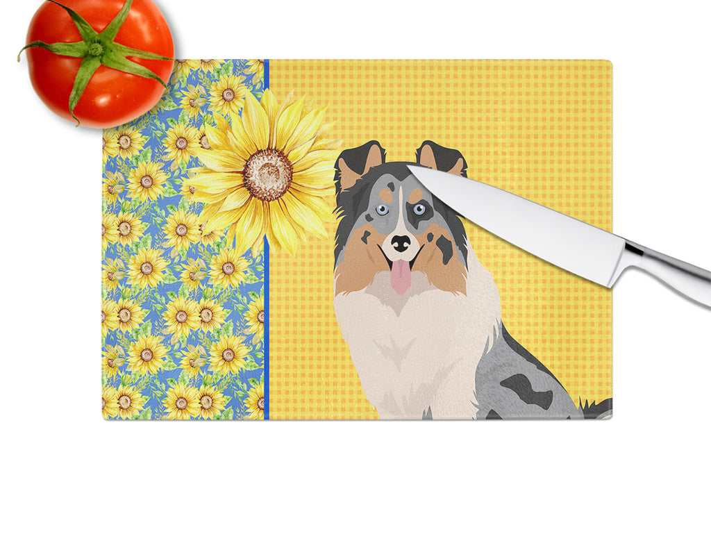 Summer Sunflowers Blue Merle Sheltie Cutting Board Tempered Glass Kitchen Cutting Surface, Heat Resistant Chopping, Non-Slip Feet, Food Prep & Serving