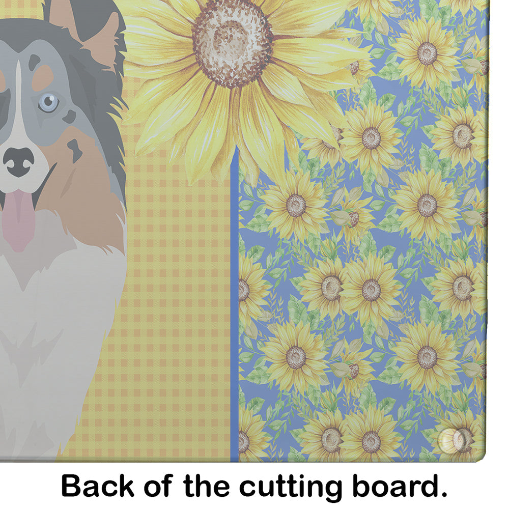 Summer Sunflowers Blue Merle Sheltie Cutting Board Tempered Glass Kitchen Cutting Surface, Heat Resistant Chopping, Non-Slip Feet, Food Prep & Serving