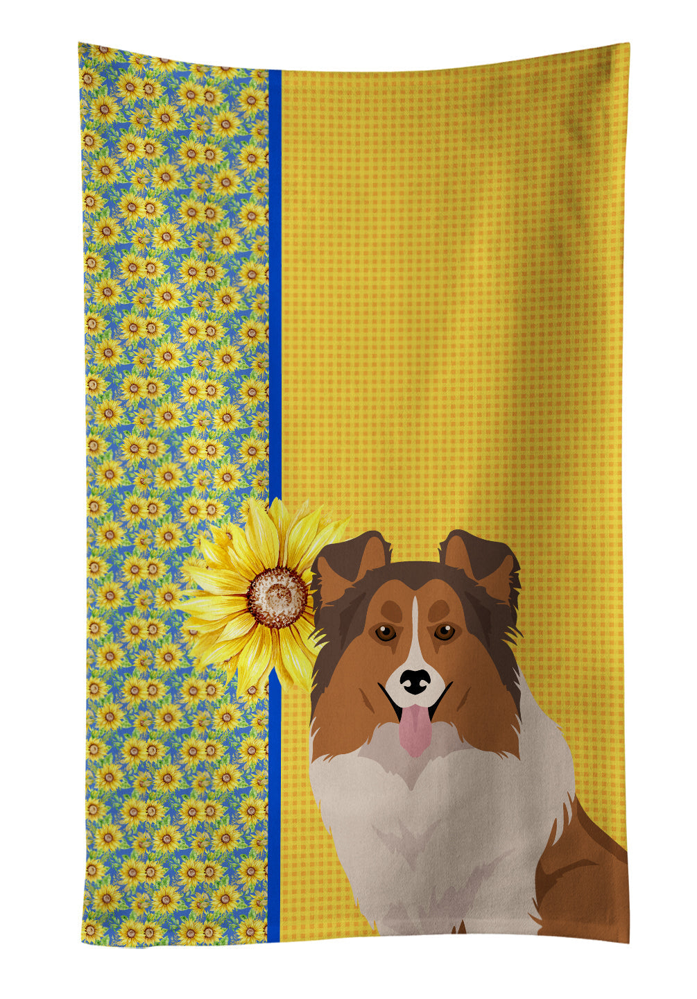 Summer Sunflowers Sable Sheltie Kitchen Towel Velour Plush Front and Cotton Loop Back Machine Washable
