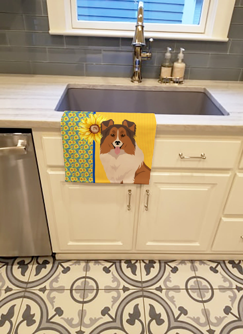 Summer Sunflowers Sable Sheltie Kitchen Towel Velour Plush Front and Cotton Loop Back Machine Washable