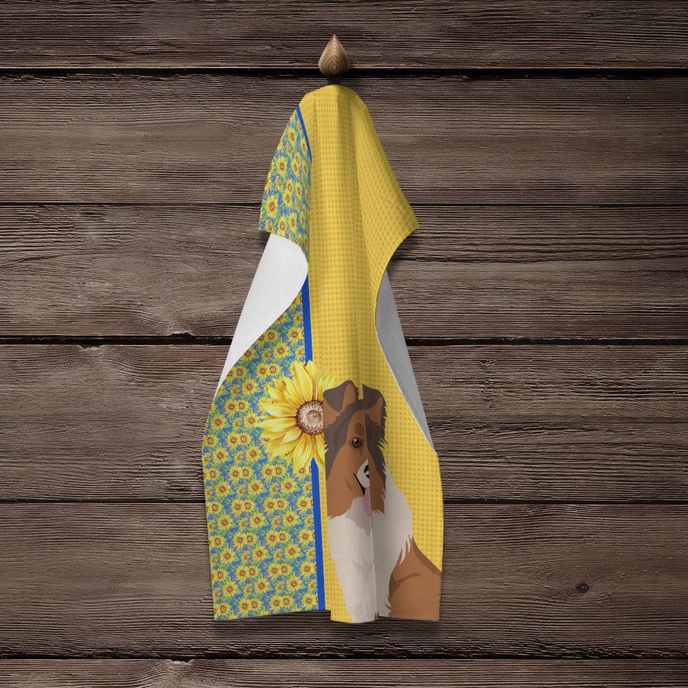 Summer Sunflowers Sable Sheltie Kitchen Towel Velour Plush Front and Cotton Loop Back Machine Washable