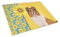 Summer Sunflowers Sable Sheltie Cutting Board Tempered Glass Kitchen Cutting Surface, Heat Resistant Chopping, Non-Slip Feet, Food Prep & Serving