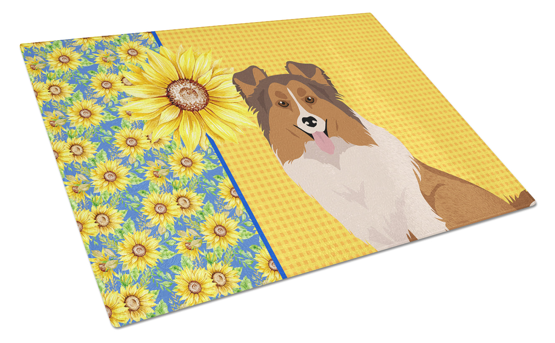 Summer Sunflowers Sable Sheltie Cutting Board Tempered Glass Kitchen Cutting Surface, Heat Resistant Chopping, Non-Slip Feet, Food Prep & Serving