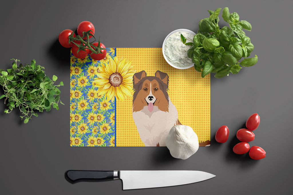 Summer Sunflowers Sable Sheltie Cutting Board Tempered Glass Kitchen Cutting Surface, Heat Resistant Chopping, Non-Slip Feet, Food Prep & Serving