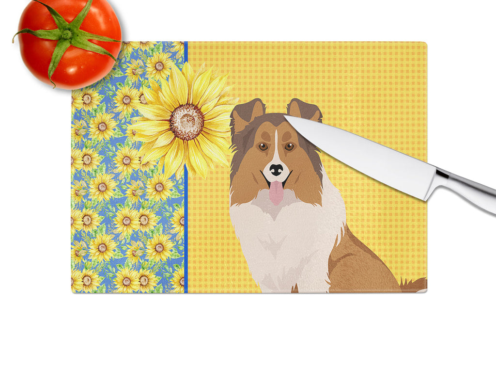 Summer Sunflowers Sable Sheltie Cutting Board Tempered Glass Kitchen Cutting Surface, Heat Resistant Chopping, Non-Slip Feet, Food Prep & Serving