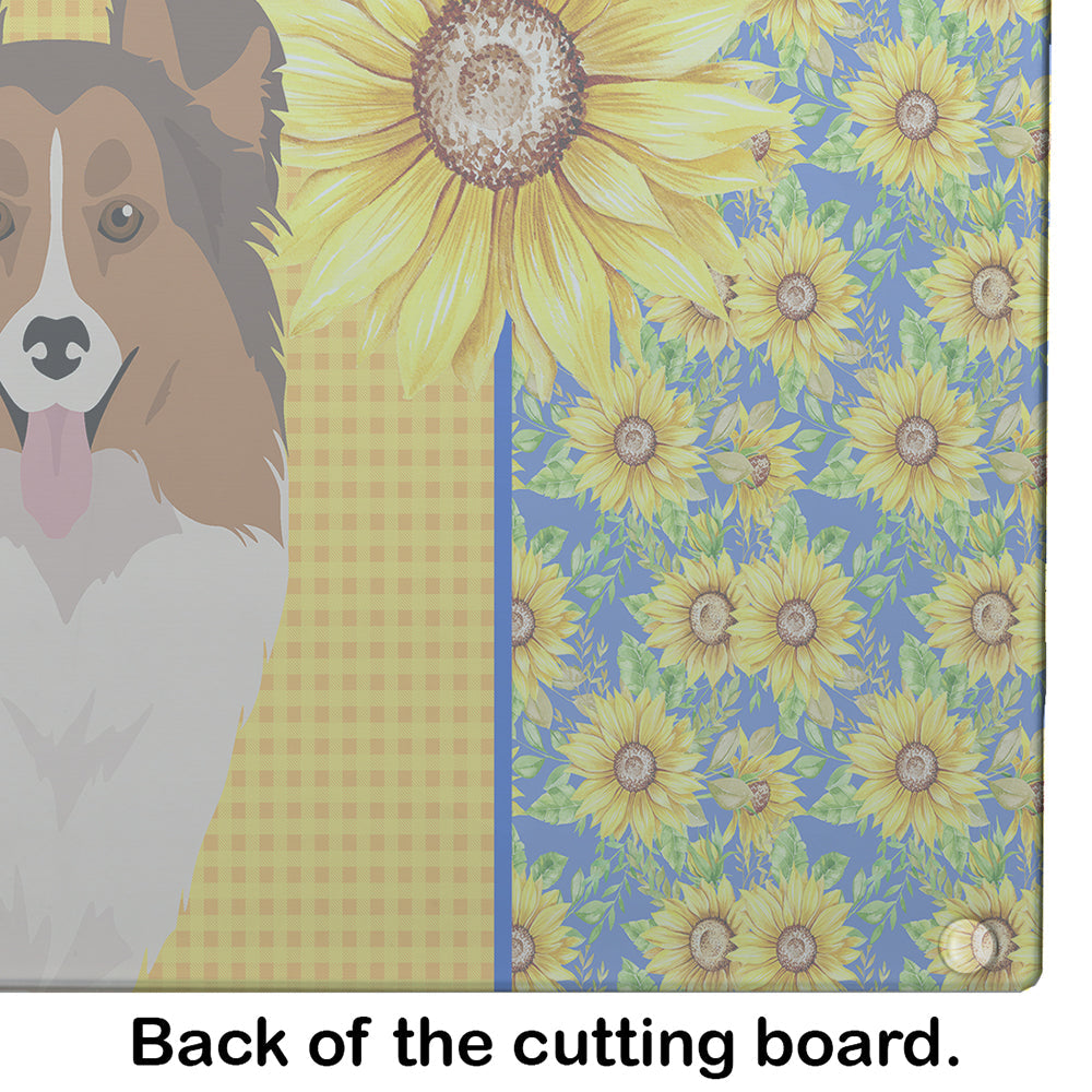 Summer Sunflowers Sable Sheltie Cutting Board Tempered Glass Kitchen Cutting Surface, Heat Resistant Chopping, Non-Slip Feet, Food Prep & Serving