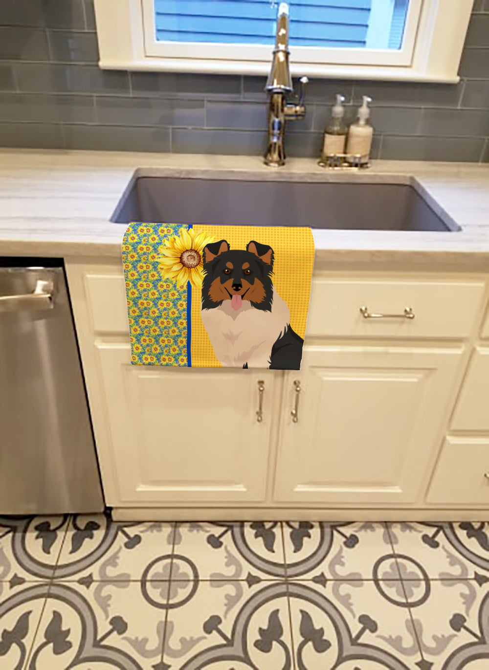 Summer Sunflowers Tricolor Sheltie Kitchen Towel Velour Plush Front and Cotton Loop Back Machine Washable