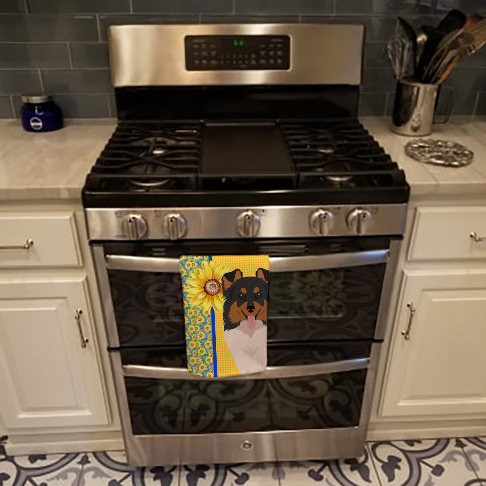 Summer Sunflowers Tricolor Sheltie Kitchen Towel Velour Plush Front and Cotton Loop Back Machine Washable