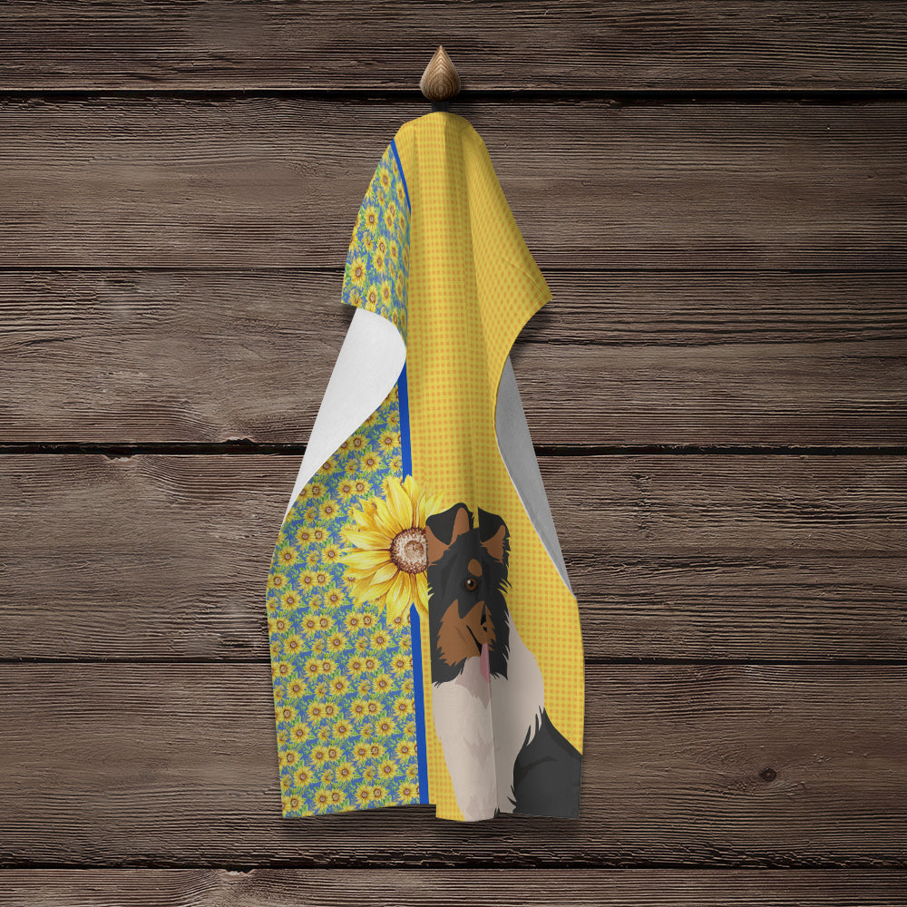 Summer Sunflowers Tricolor Sheltie Kitchen Towel Velour Plush Front and Cotton Loop Back Machine Washable