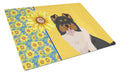 Summer Sunflowers Tricolor Sheltie Cutting Board Tempered Glass Kitchen Cutting Surface, Heat Resistant Chopping, Non-Slip Feet, Food Prep & Serving
