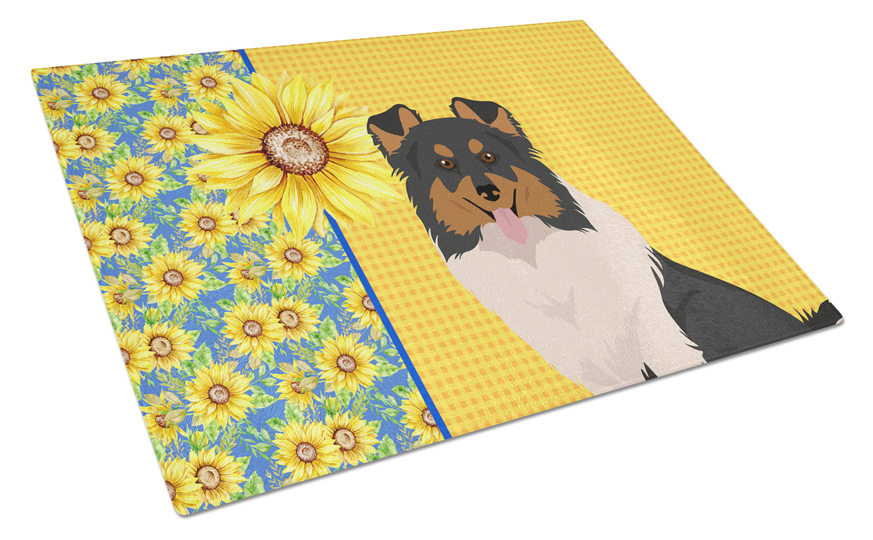 Summer Sunflowers Tricolor Sheltie Cutting Board Tempered Glass Kitchen Cutting Surface, Heat Resistant Chopping, Non-Slip Feet, Food Prep & Serving