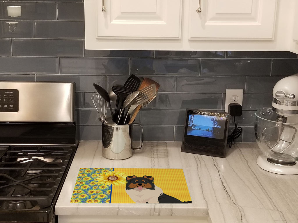 Summer Sunflowers Tricolor Sheltie Cutting Board Tempered Glass Kitchen Cutting Surface, Heat Resistant Chopping, Non-Slip Feet, Food Prep & Serving